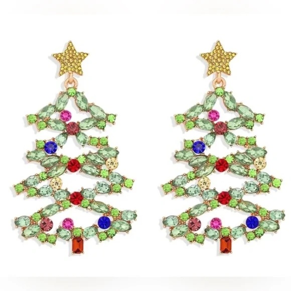 Bauble Bar Christmas Tree Earrings Statement Rhinestones and Crystals Gold 3" - Picture 2 of 8